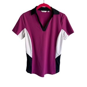 LADY HAGEN Magenta, Navy‎ and White Ladies V-Neck Athletic Golf Tennis Polo, XS